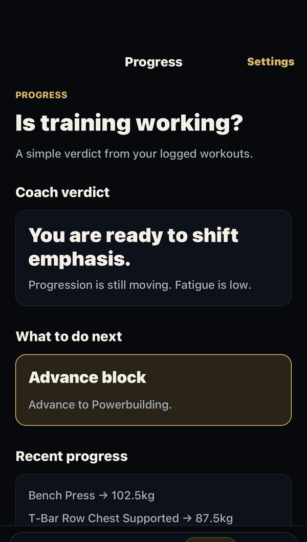 Progress screen with coach verdict and recent progress