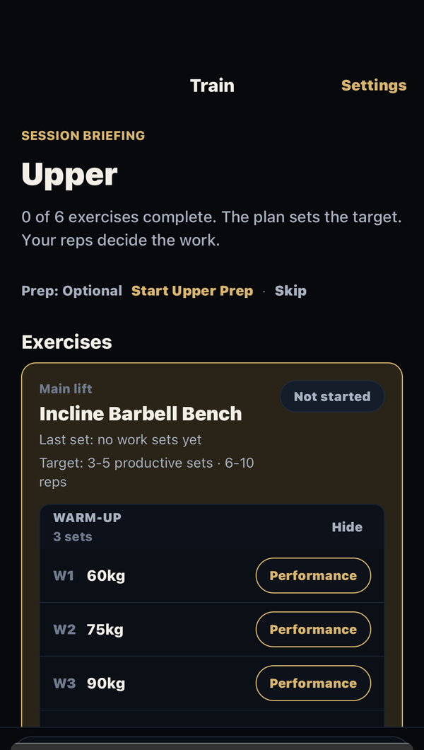 Session briefing with exercises and targets